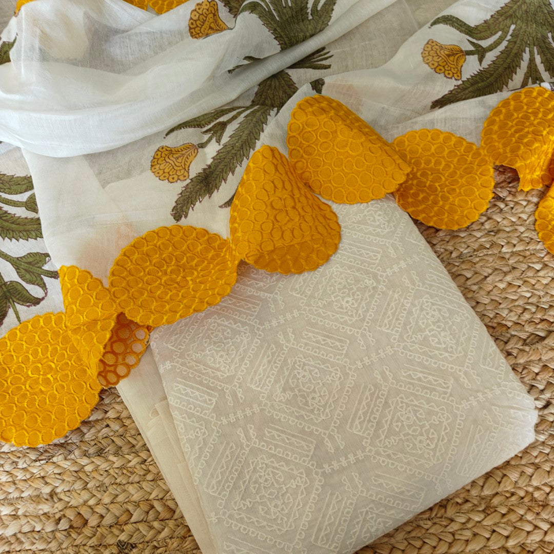 Mul Chanderi Yellow scallop flower Designer Dupatta Dress material