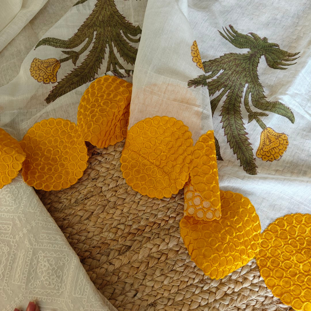 Mul Chanderi Yellow scallop flower Designer Dupatta Dress material
