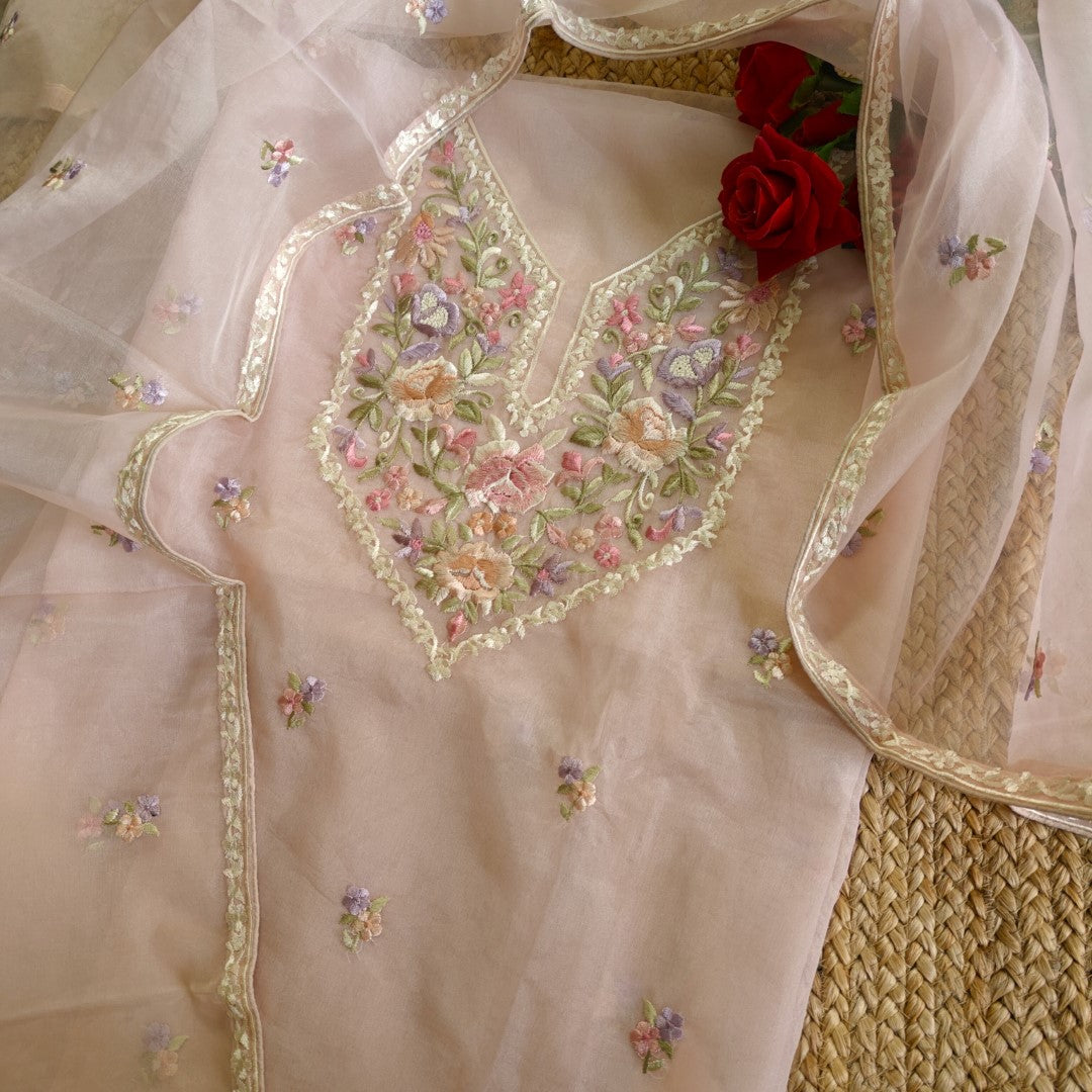 Peachy Pink Parsi Embroidery Unstitched Suit