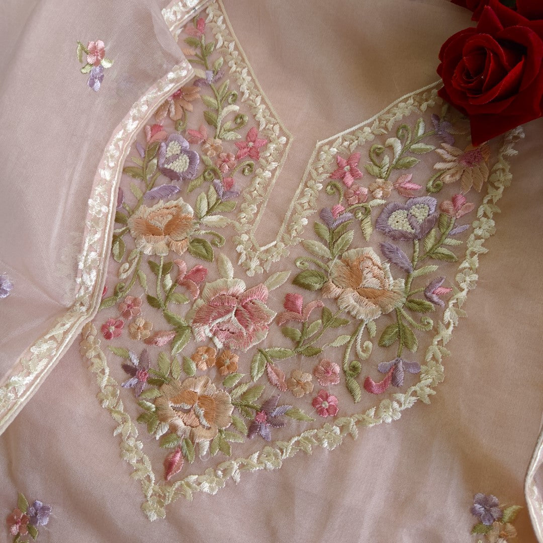 Peachy Pink Parsi Embroidery Unstitched Suit