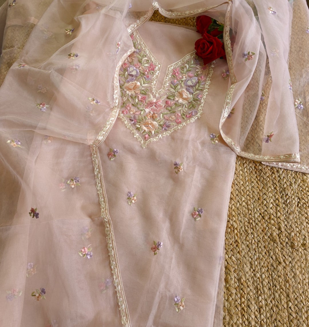 Peachy Pink Parsi Embroidery Unstitched Suit