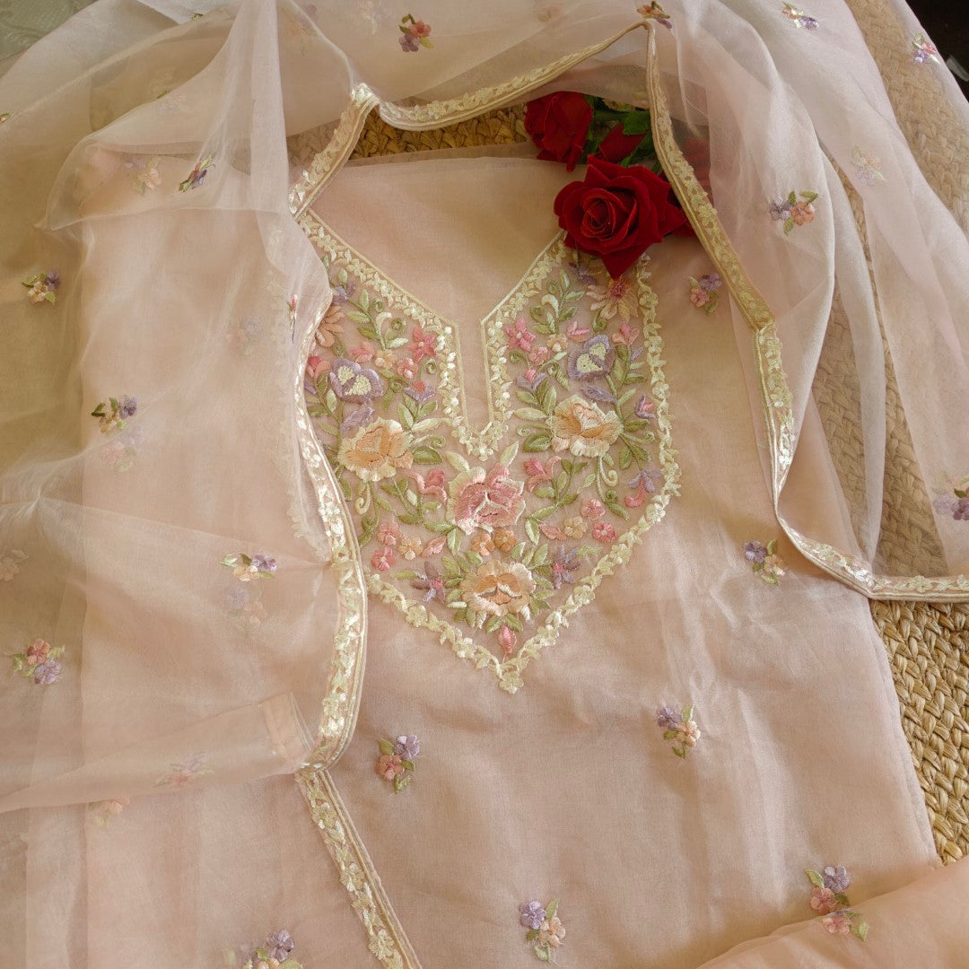 Peachy Pink Parsi Embroidery Unstitched Suit