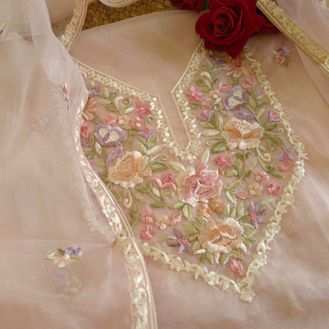 Peachy Pink Parsi Embroidery Unstitched Suit