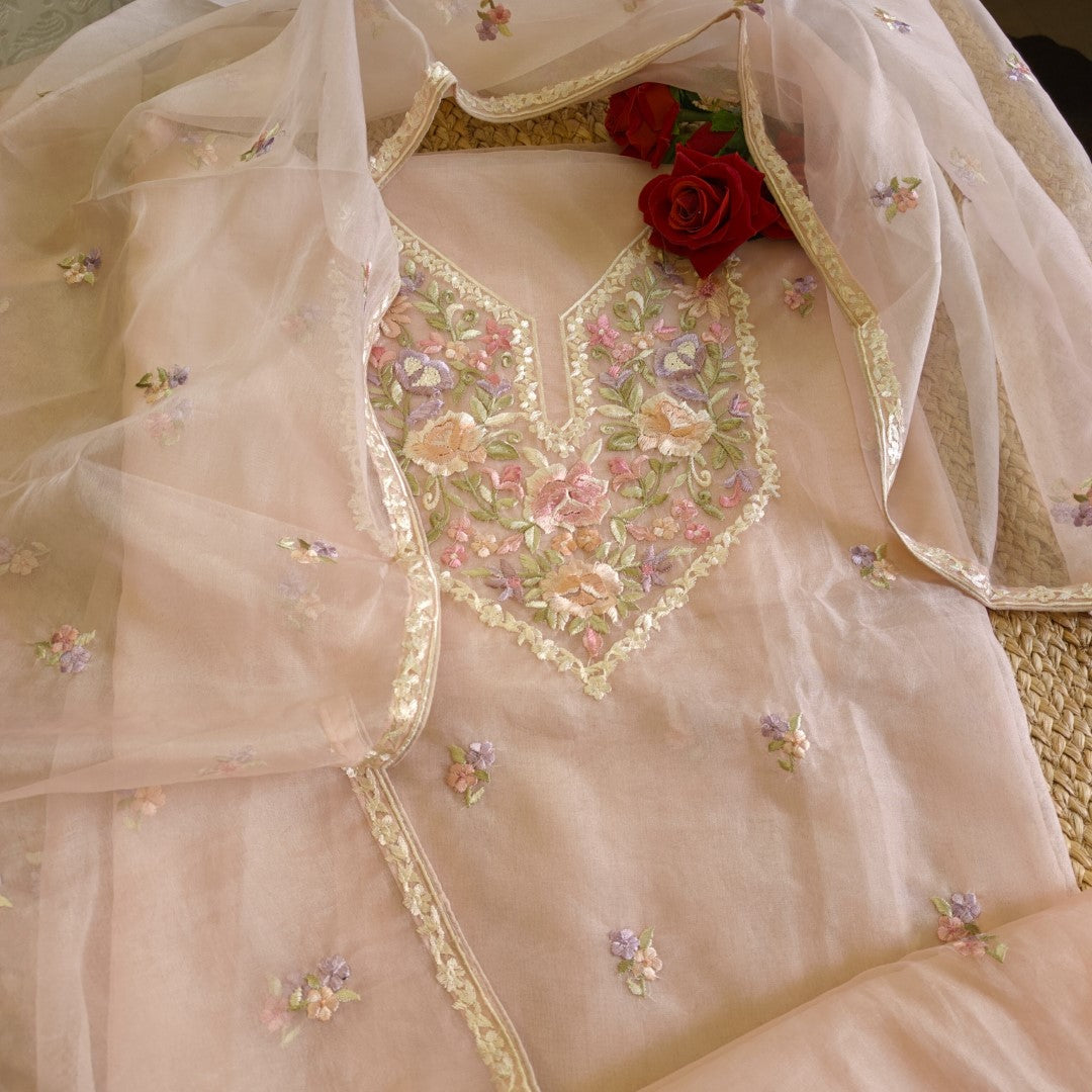 Peachy Pink Parsi Embroidery Unstitched Suit