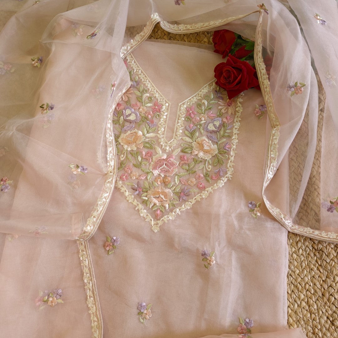 Peachy Pink Parsi Embroidery Unstitched Suit