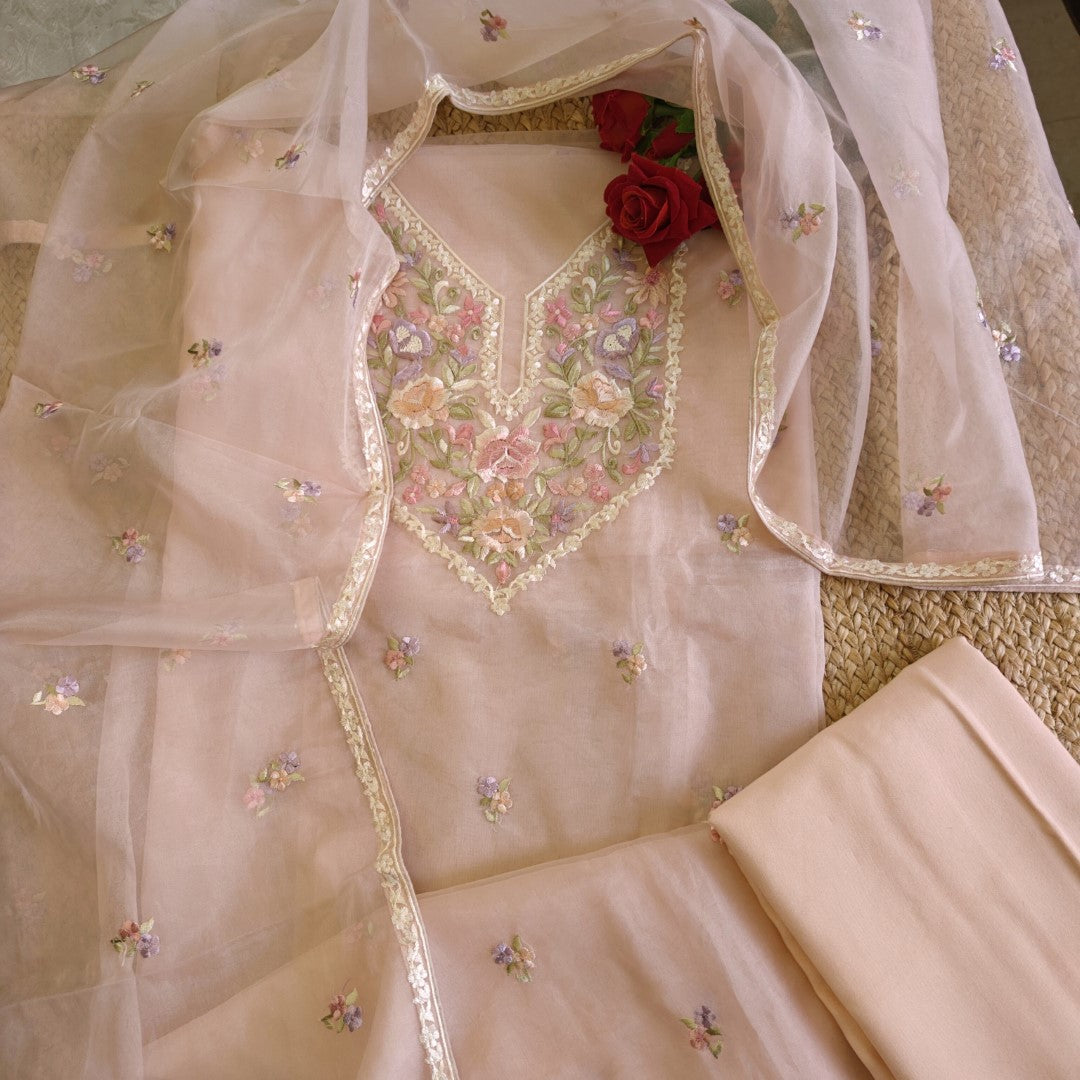 Peachy Pink Parsi Embroidery Unstitched Suit