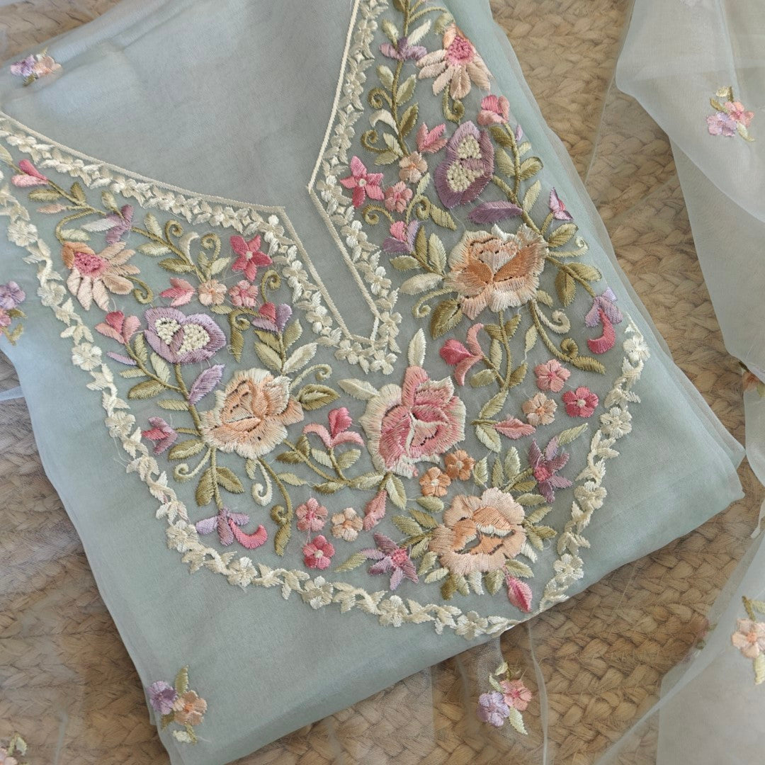 Blue Parsi Embroidery Unstitched Suit