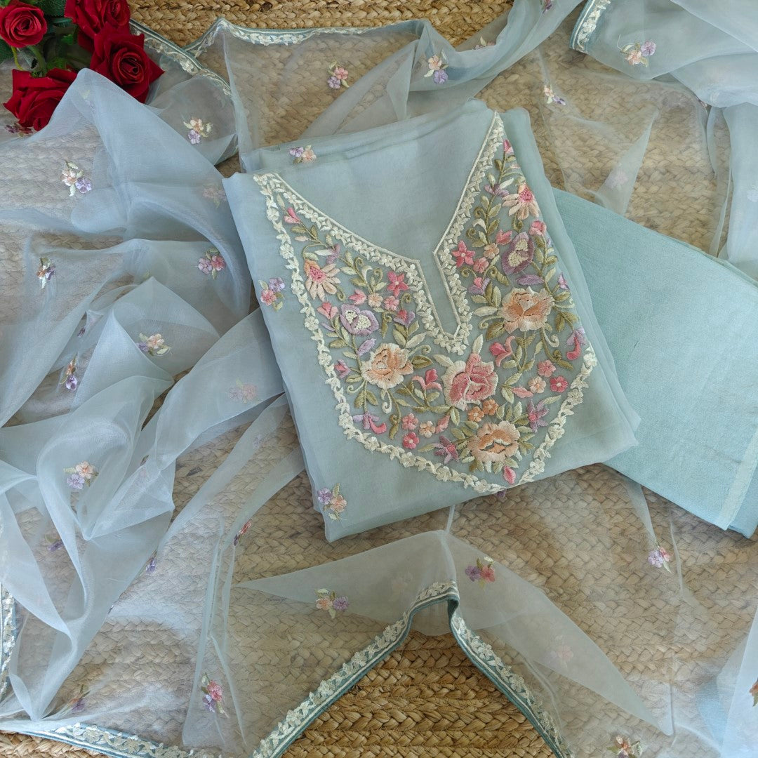 Blue Parsi Embroidery Unstitched Suit