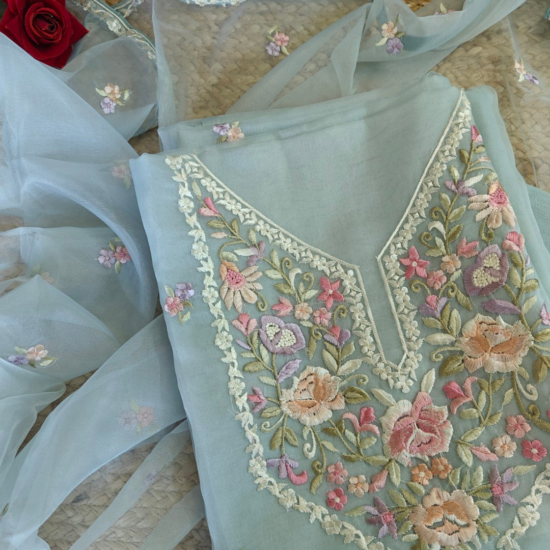 Blue Parsi Embroidery Unstitched Suit