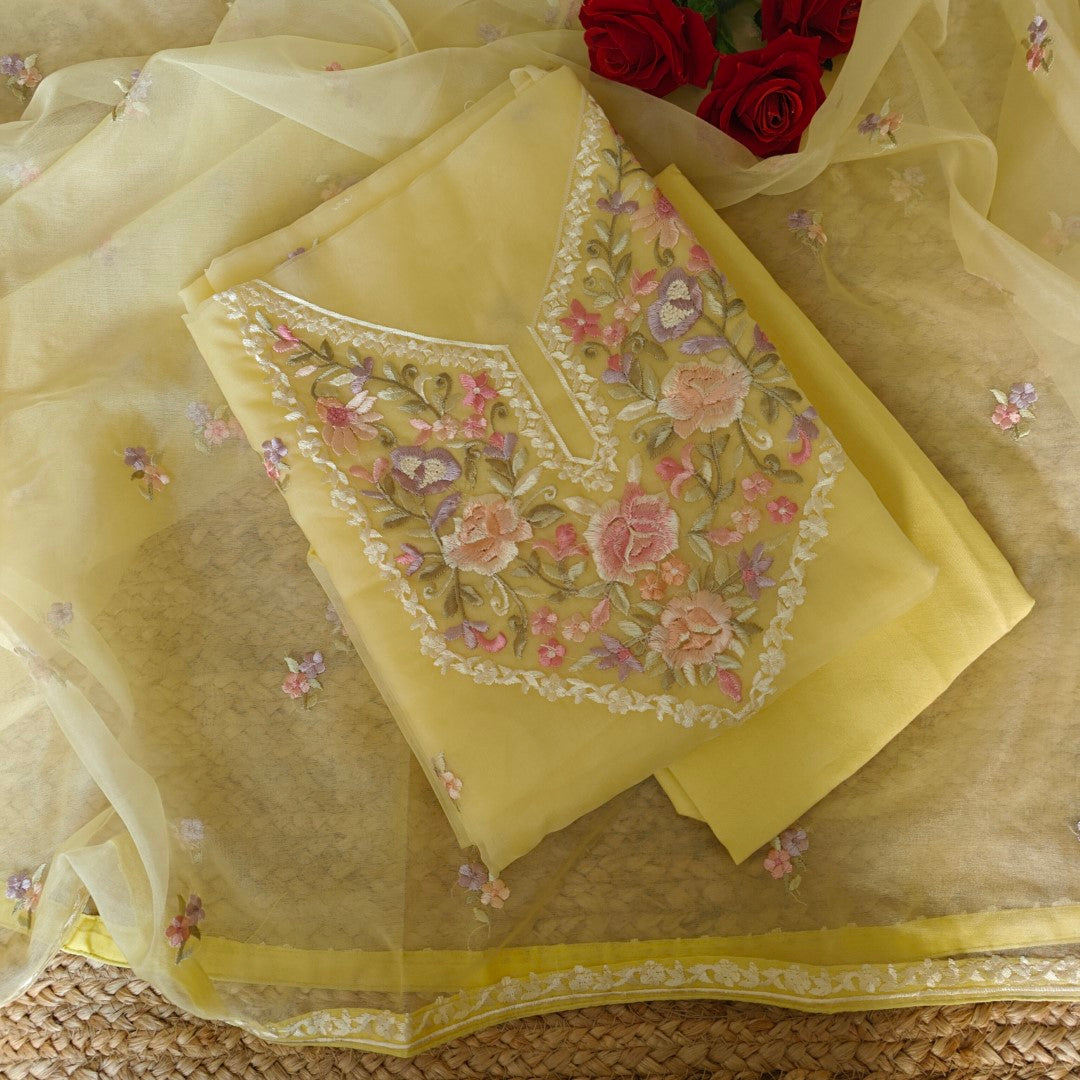 Yellow Parsi Embroidery Unstitched Suit