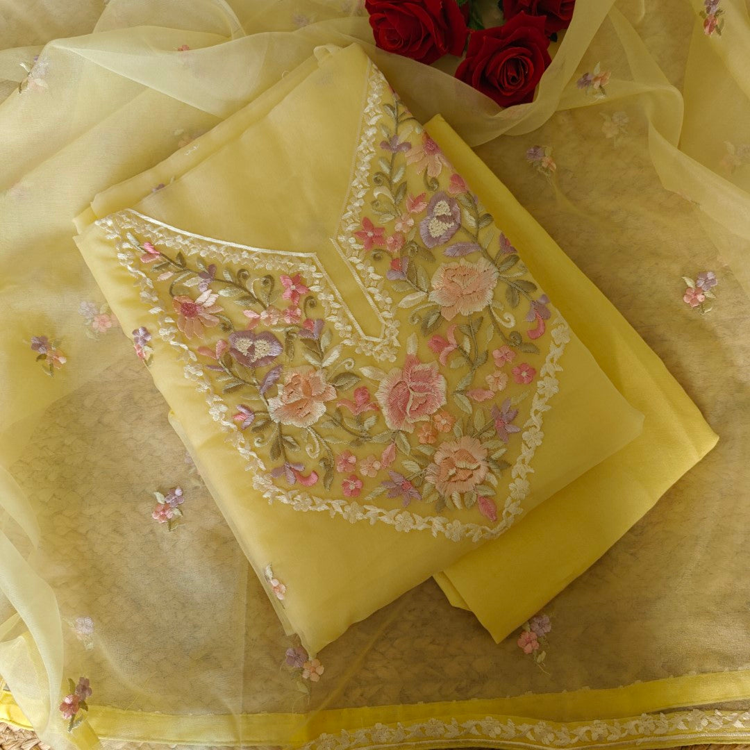 Yellow Parsi Embroidery Unstitched Suit
