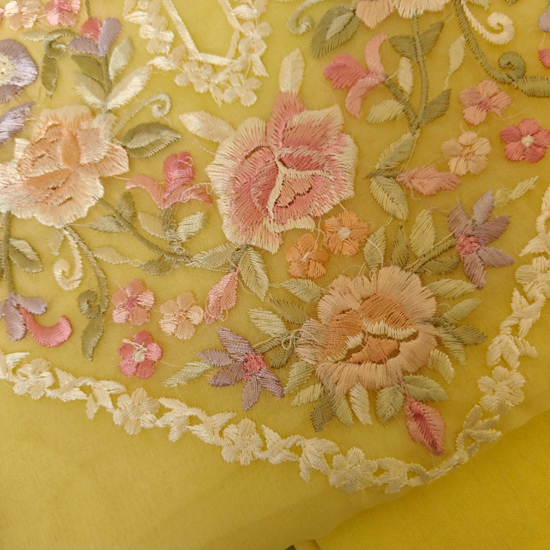 Yellow Parsi Embroidery Unstitched Suit