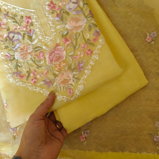 Yellow Parsi Embroidery Unstitched Suit