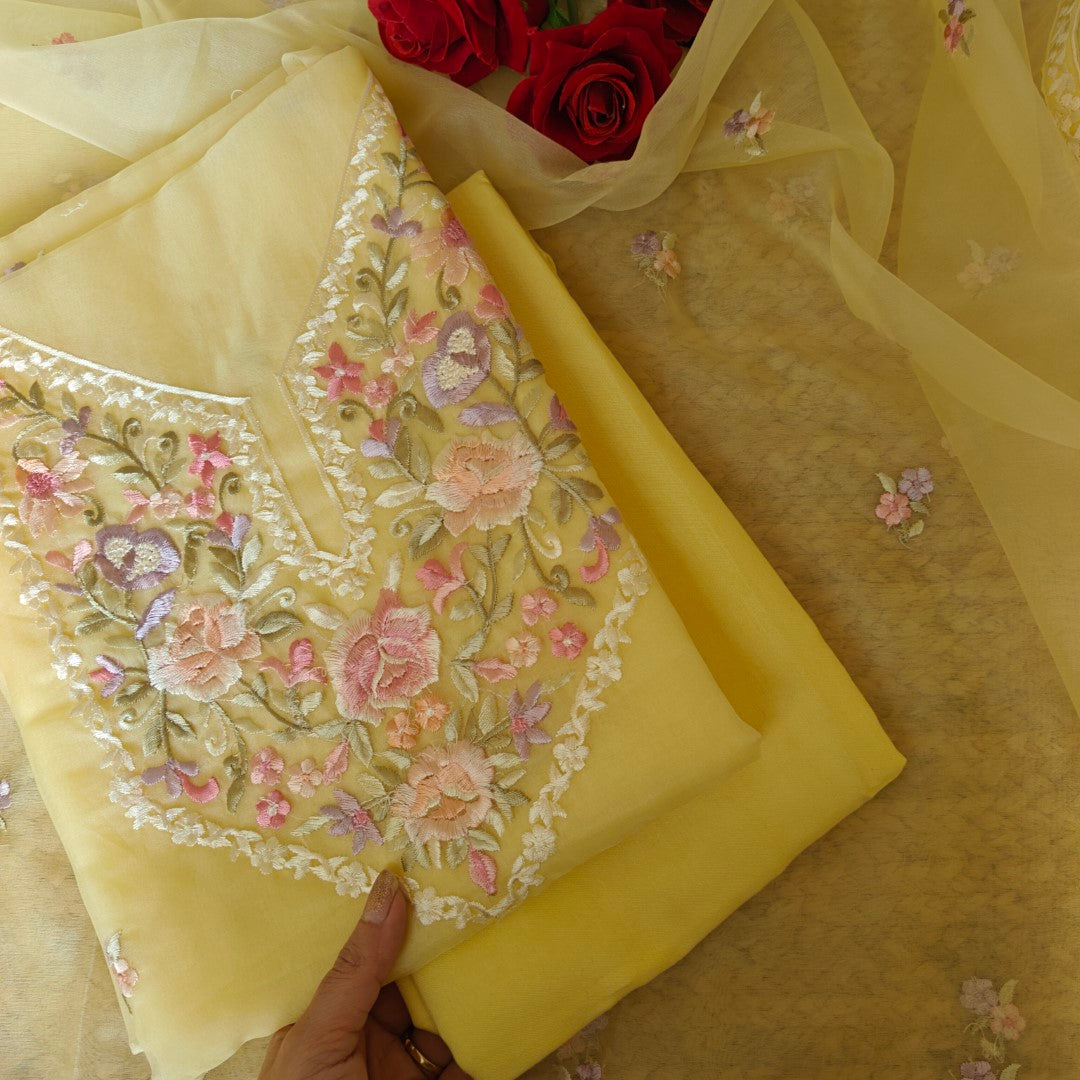 Yellow Parsi Embroidery Unstitched Suit