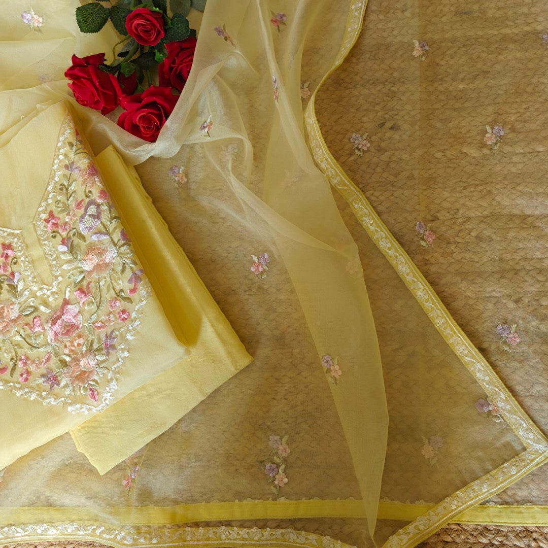 Yellow Parsi Embroidery Unstitched Suit