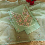 Designer unstitched salwar kameez fabric with embroidered neckline and floral organza dupatta