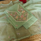 Pastel Green Embroidered Unstitched Salwar Suit Material with Organza Dupatta