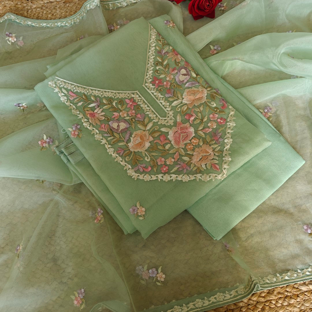 Pastel Green Embroidered Unstitched Salwar Suit Material with Organza Dupatta