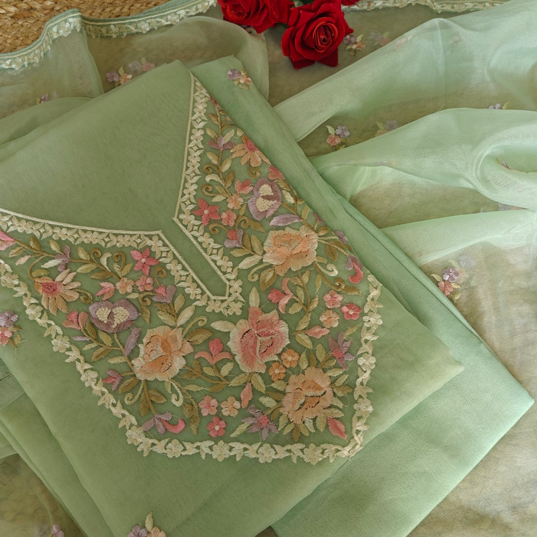 Pastel Green Embroidered Unstitched Salwar Suit Material with Organza Dupatta