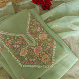 Pastel Green Embroidered Unstitched Salwar Suit Material with Organza Dupatta