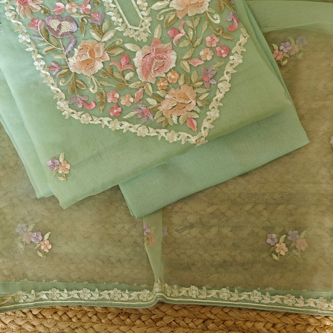 Pastel Green Embroidered Unstitched Salwar Suit Material with Organza Dupatta