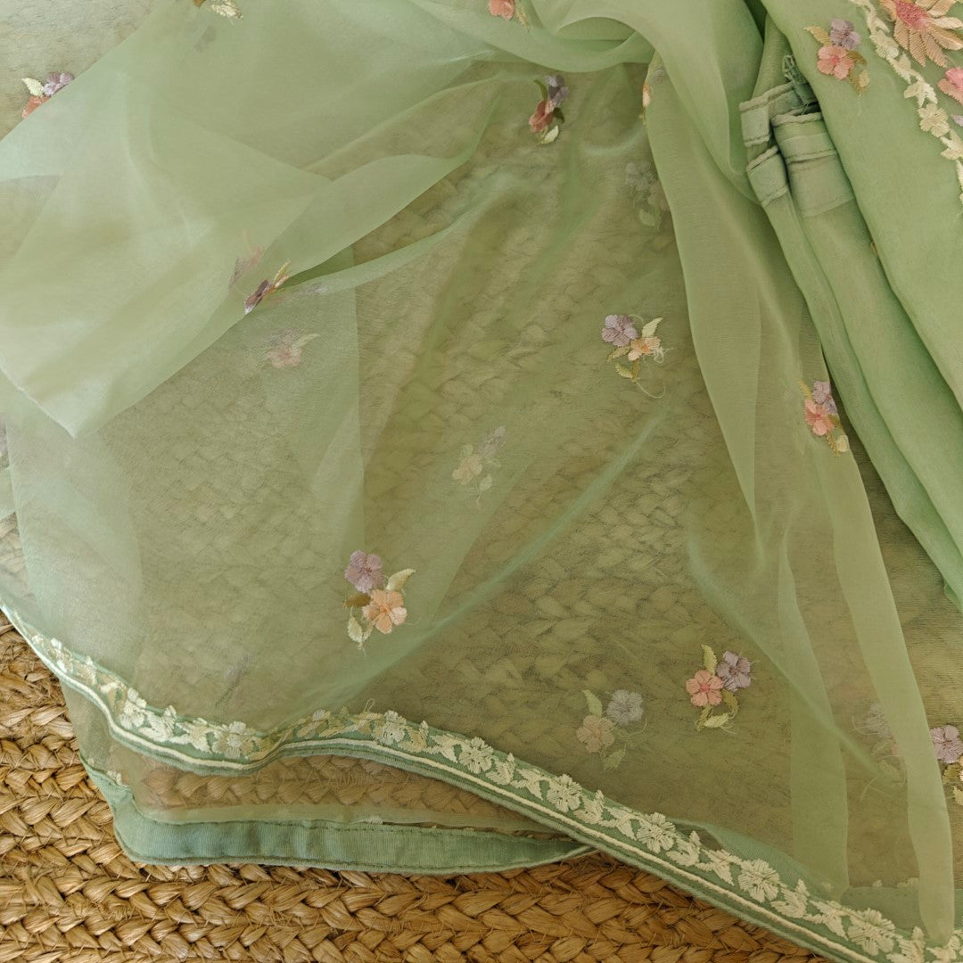 Pastel Green Embroidered Unstitched Salwar Suit Material with Organza Dupatta
