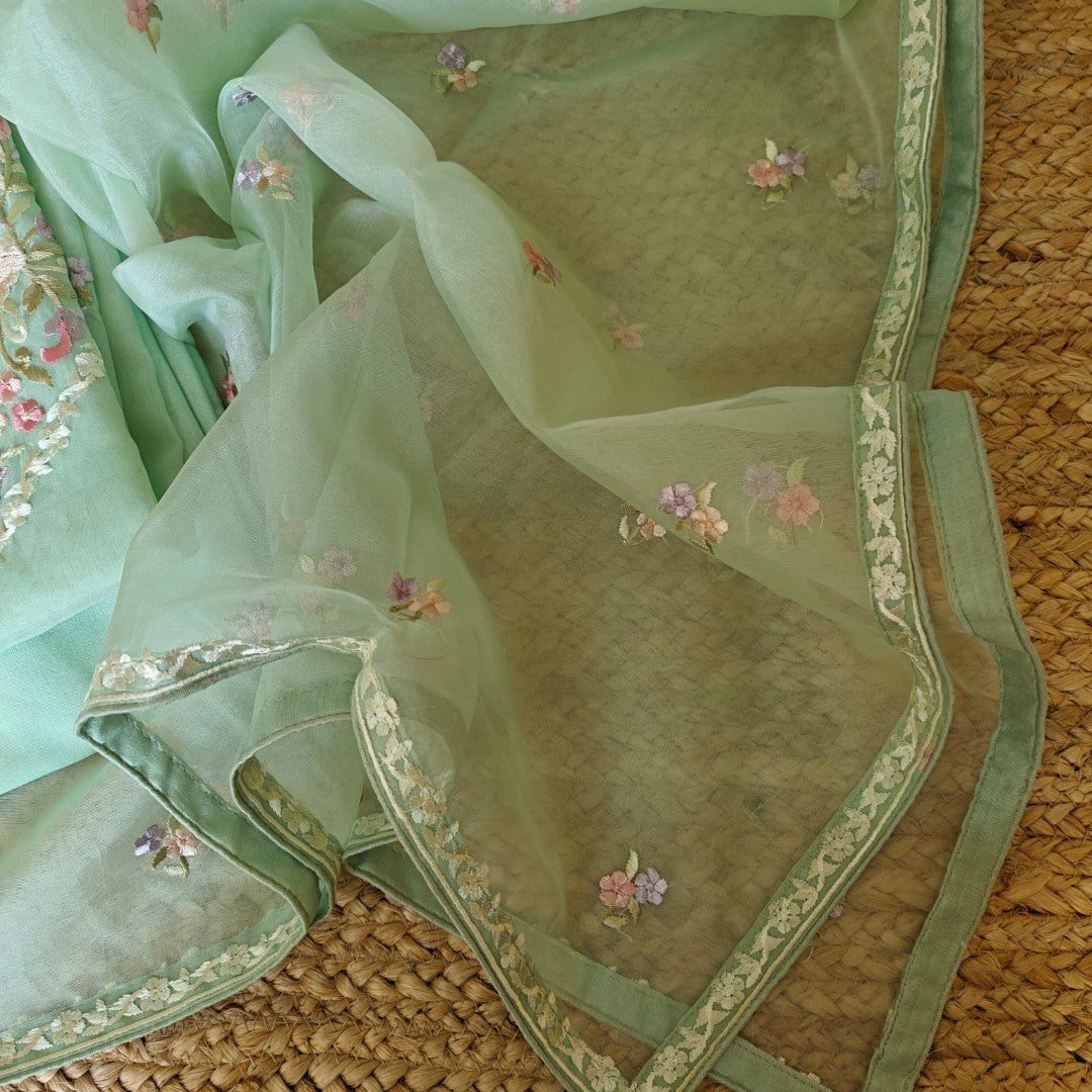 Pastel Green Embroidered Unstitched Salwar Suit Material with Organza Dupatta