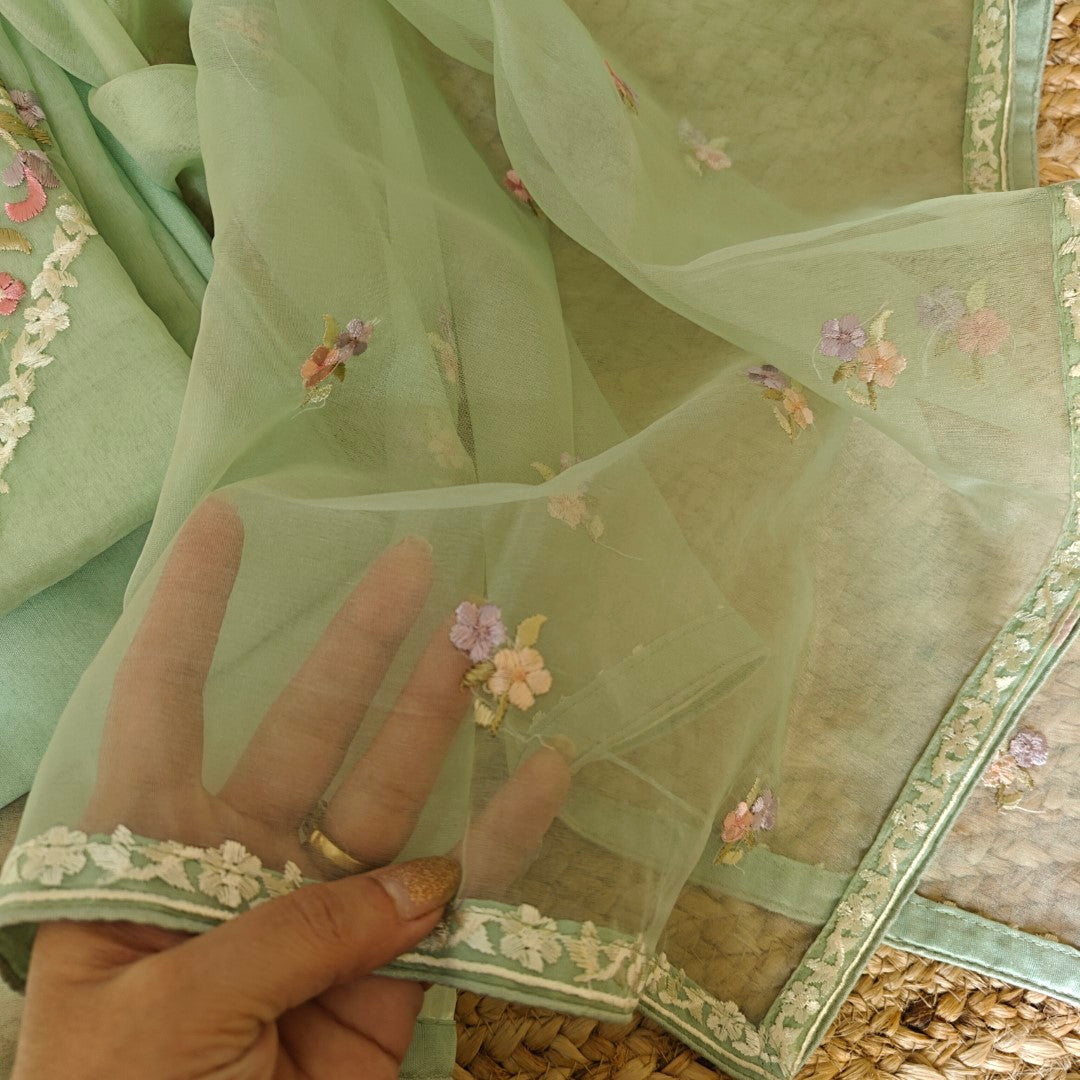 Pastel Green Embroidered Unstitched Salwar Suit Material with Organza Dupatta
