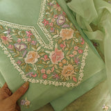 Pastel Green Embroidered Unstitched Salwar Suit Material with Organza Dupatta