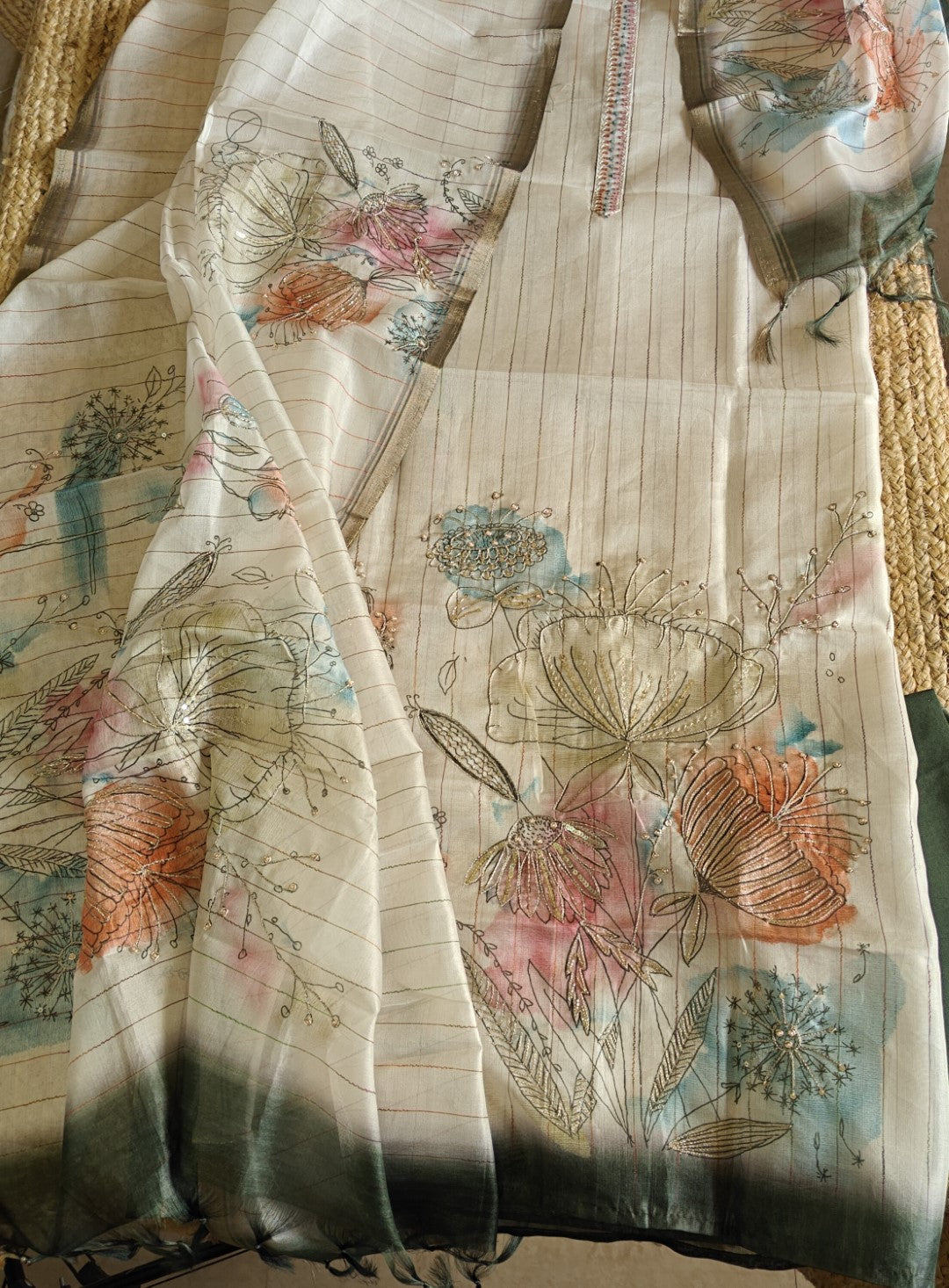 Shaded Crepe Dress material with embroidery