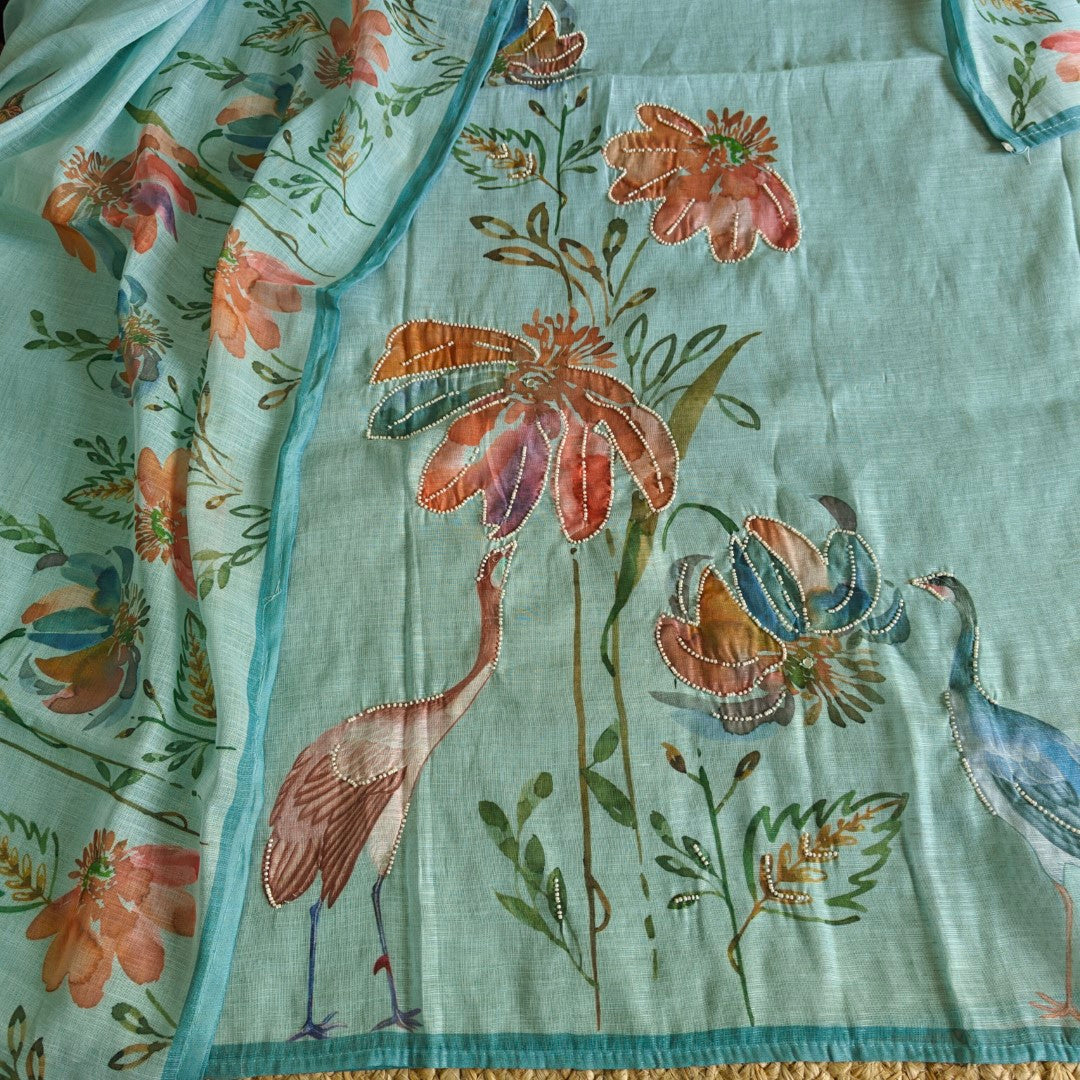 Bird print with pearl embroidery highlight in Blue linen - Unstitched salwar suit