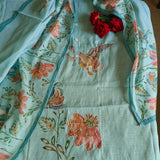 Bird print with pearl embroidery highlight in Blue linen - Unstitched salwar suit