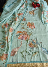 Bird print with pearl embroidery highlight in Blue linen - Unstitched salwar suit
