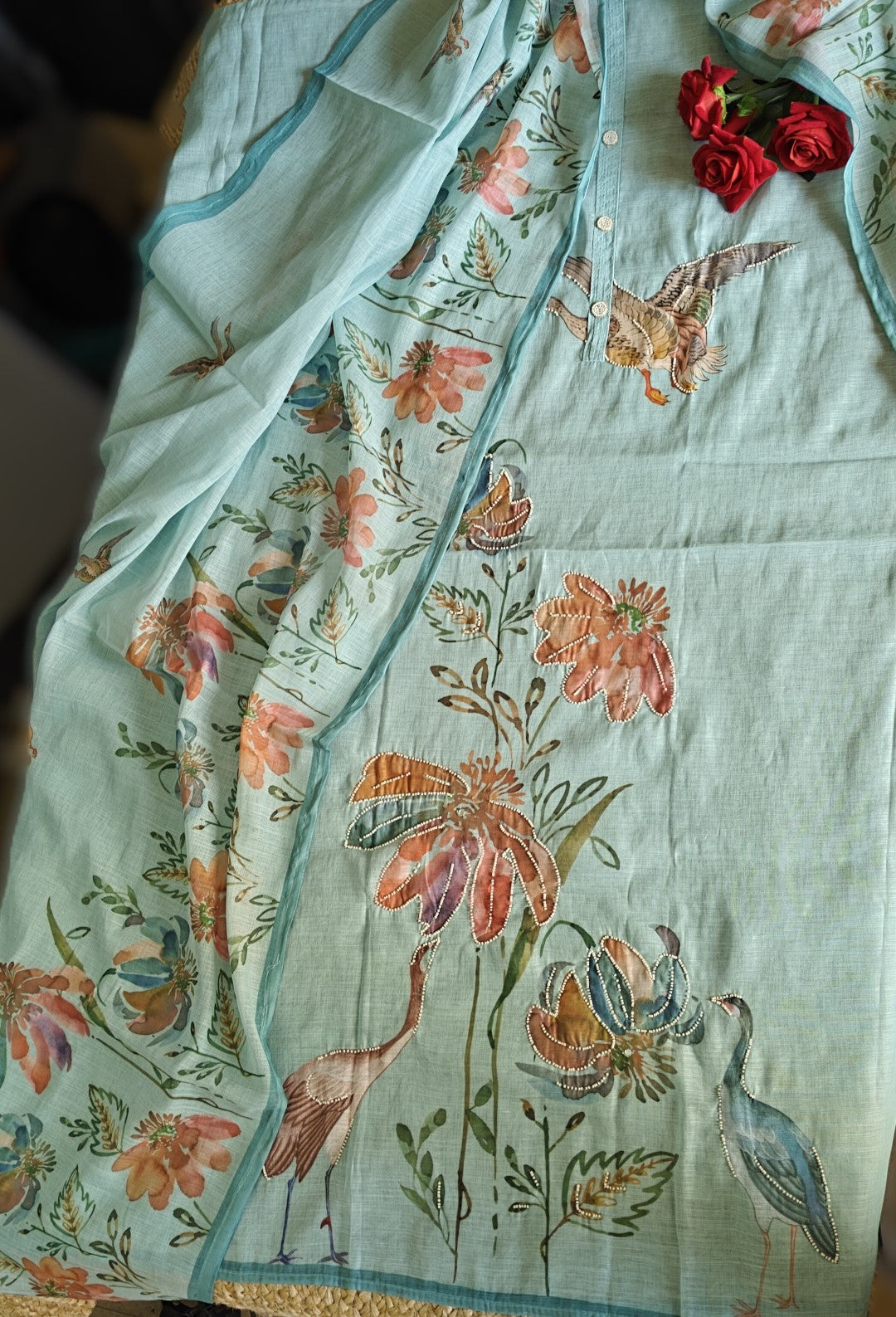 Bird print with pearl embroidery highlight in Blue linen - Unstitched salwar suit