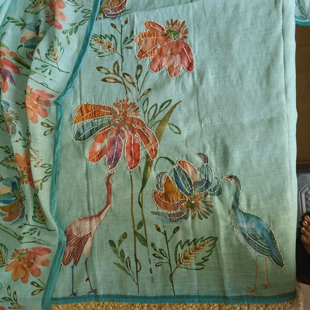 Bird print with pearl embroidery highlight in Blue linen - Unstitched salwar suit