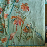 Bird print with pearl embroidery highlight in Blue linen - Unstitched salwar suit