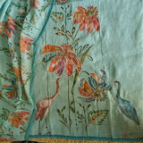 Bird print with pearl embroidery highlight in Blue linen - Unstitched salwar suit