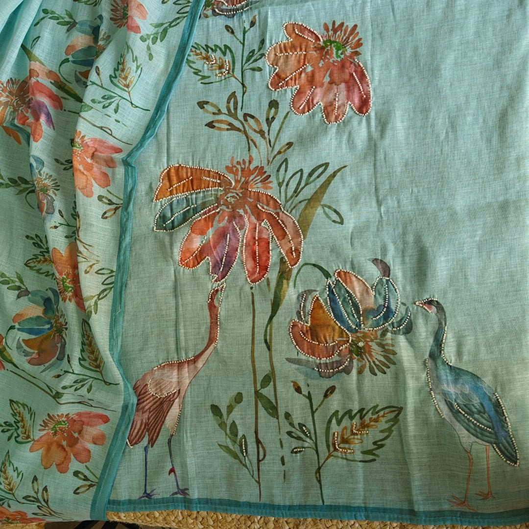 Bird print with pearl embroidery highlight in Blue linen - Unstitched salwar suit