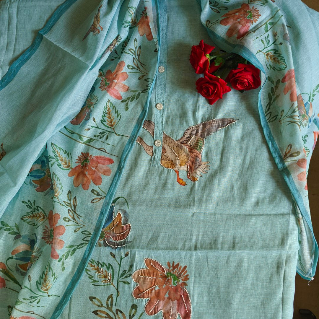 Bird print with pearl embroidery highlight in Blue linen - Unstitched salwar suit
