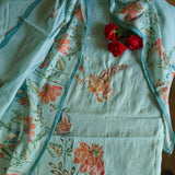 Bird print with pearl embroidery highlight in Blue linen - Unstitched salwar suit