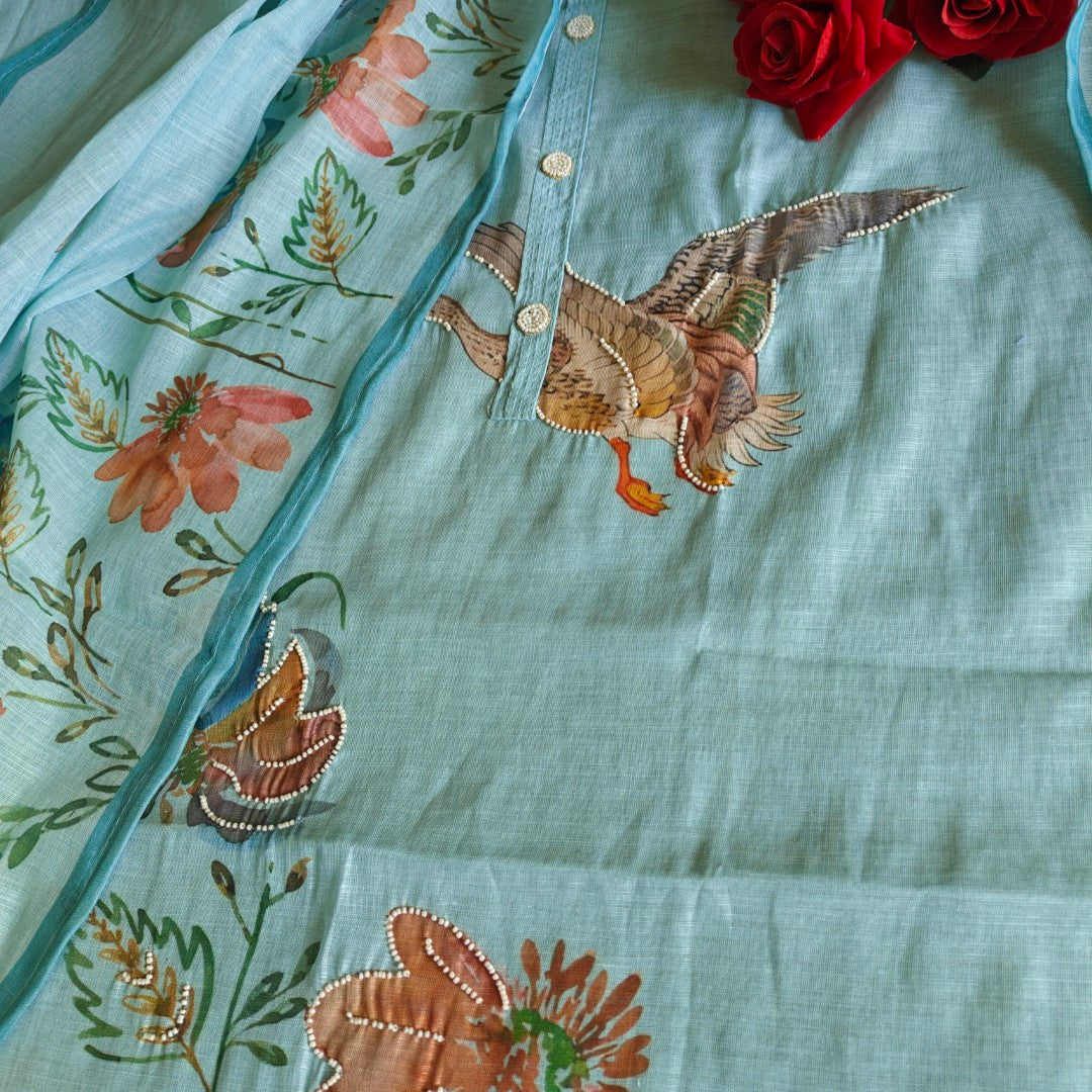 Bird print with pearl embroidery highlight in Blue linen - Unstitched salwar suit