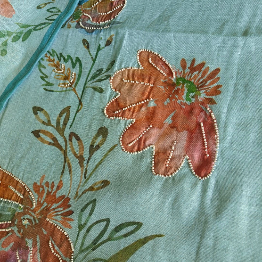 Bird print with pearl embroidery highlight in Blue linen - Unstitched salwar suit