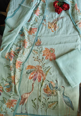 Bird print with pearl embroidery highlight in Blue linen - Unstitched salwar suit