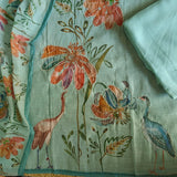 Bird print with pearl embroidery highlight in Blue linen - Unstitched salwar suit