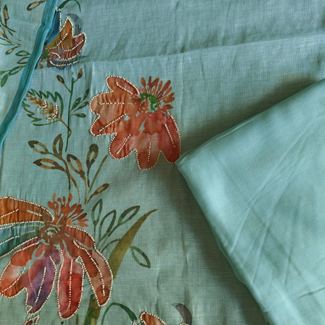 Bird print with pearl embroidery highlight in Blue linen - Unstitched salwar suit