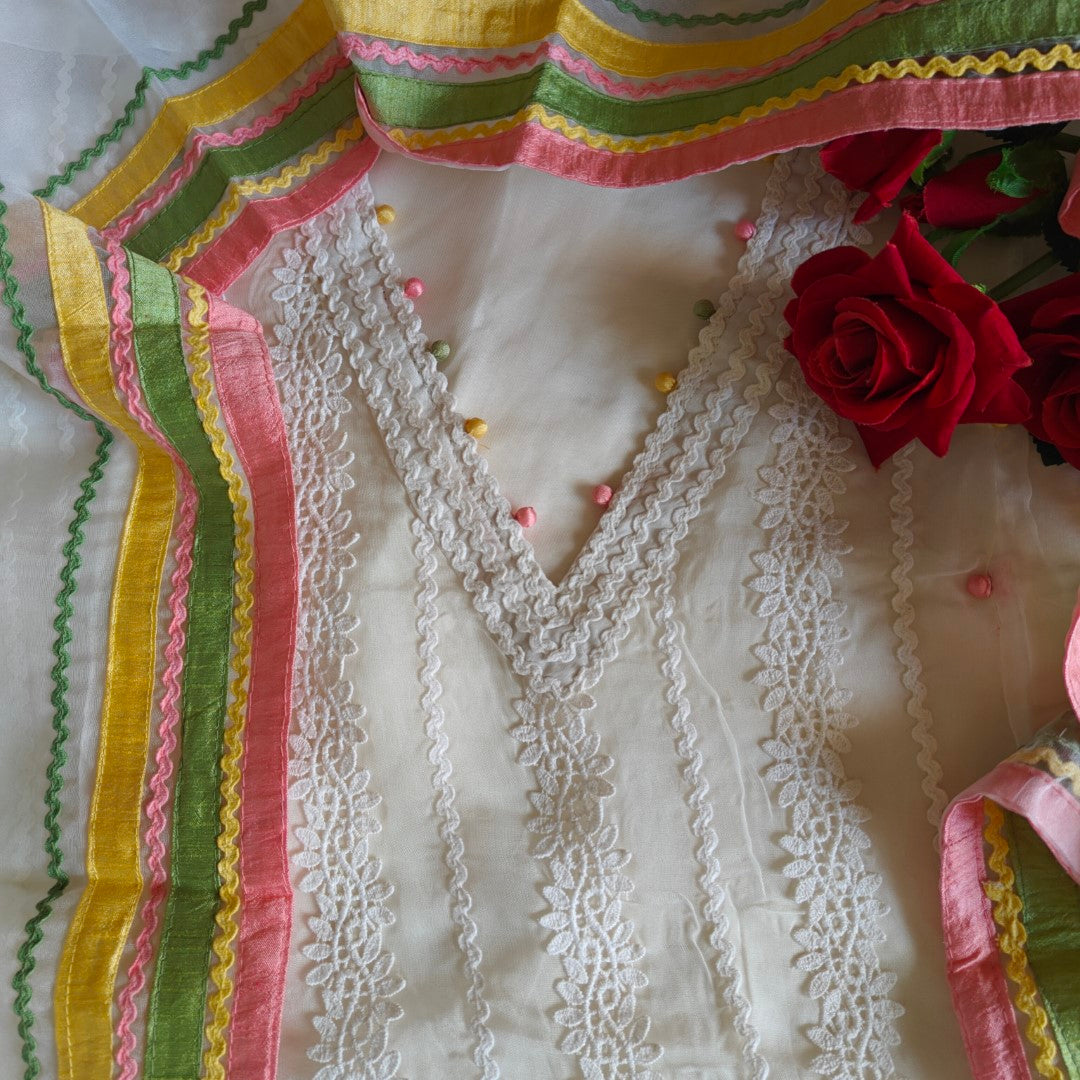 White Organza Unstitched suit with Designer dupatta