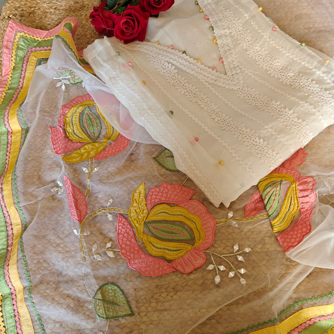 White Organza Unstitched suit with Designer dupatta