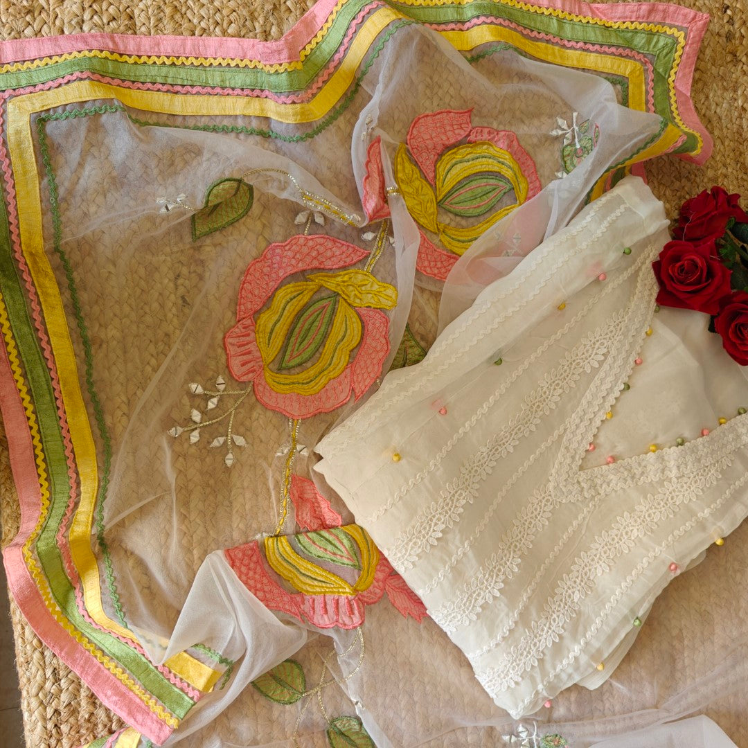 White Organza Unstitched suit with Designer dupatta