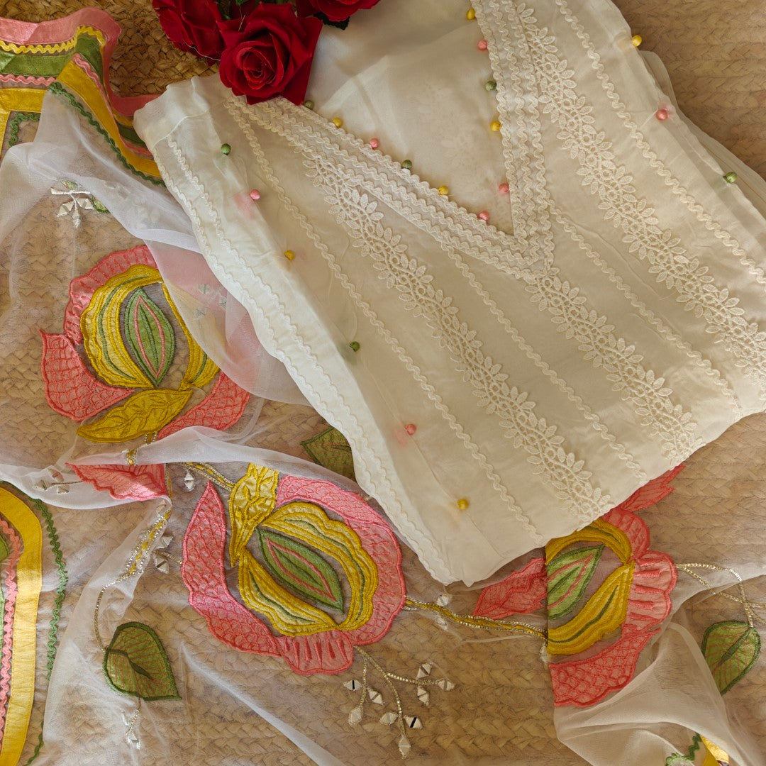 White Organza Unstitched suit with Designer dupatta