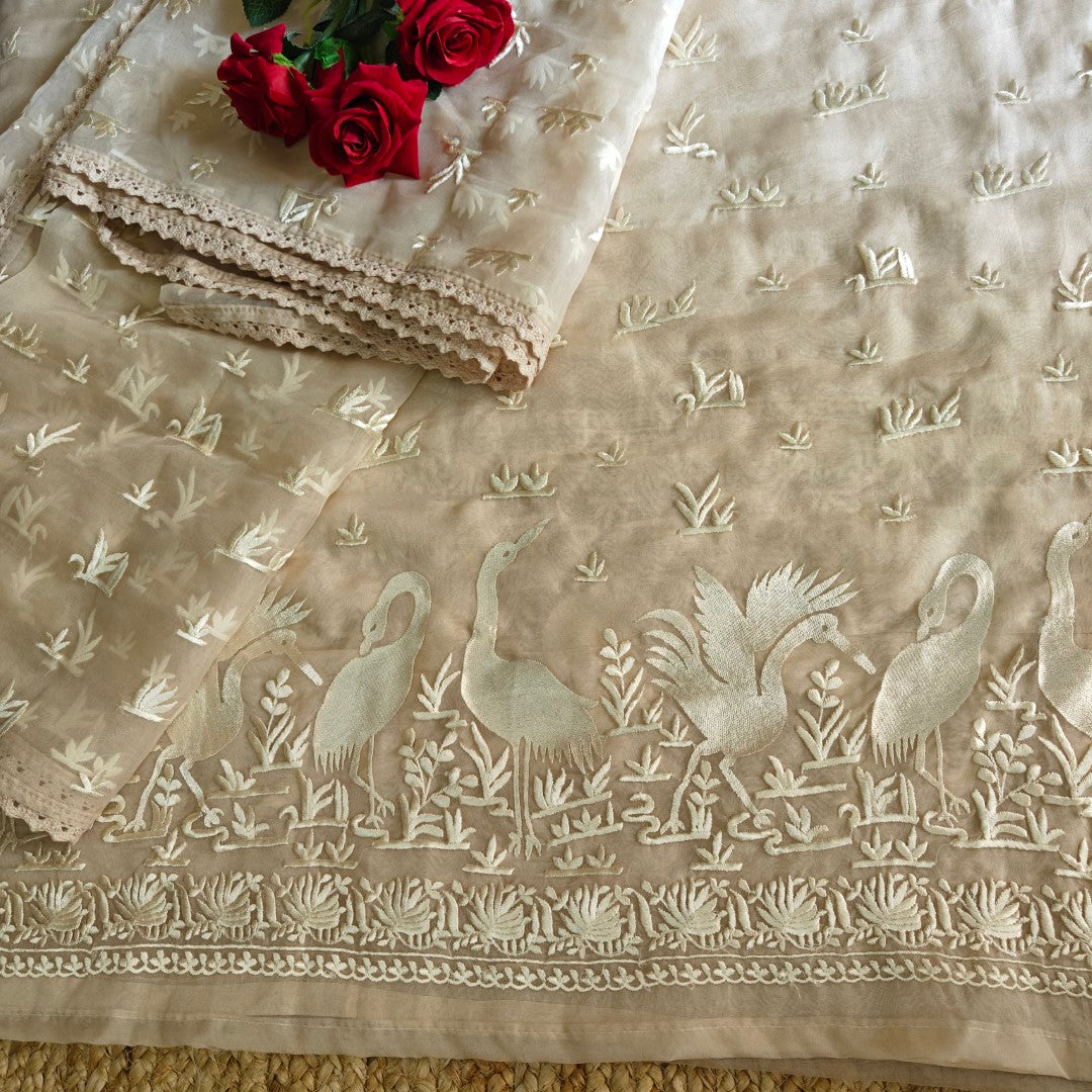 Parsi embroidery Pure Organza with Flamingo Dress material